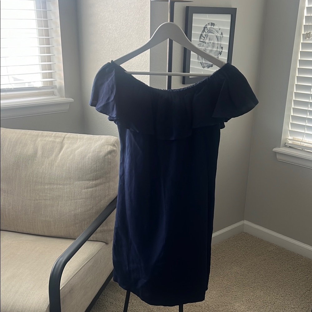 Tommy Bahama navy Blue Off-Shoulder Flutter Sleeve Mini Dress; small